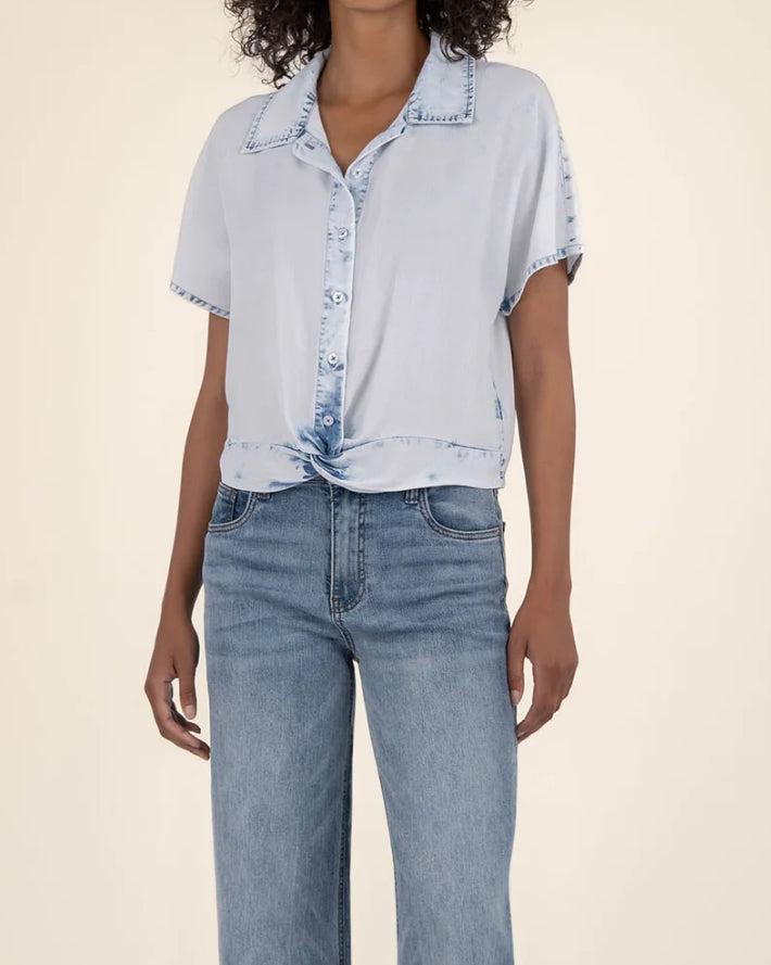 Washed Denim Twist Front Top