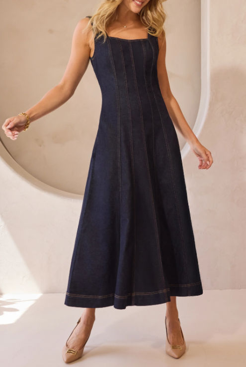 Denim Midi Dress with Smocked Back