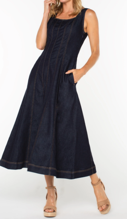 Denim Midi Dress with Smocked Back