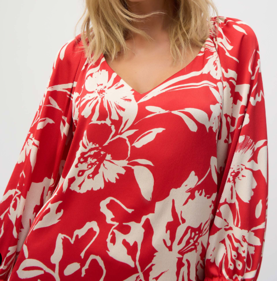 Red Floral V Neck Blouse