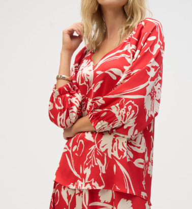 Red Floral V Neck Blouse