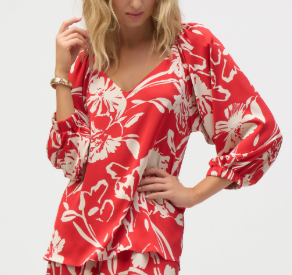 Red Floral V Neck Blouse