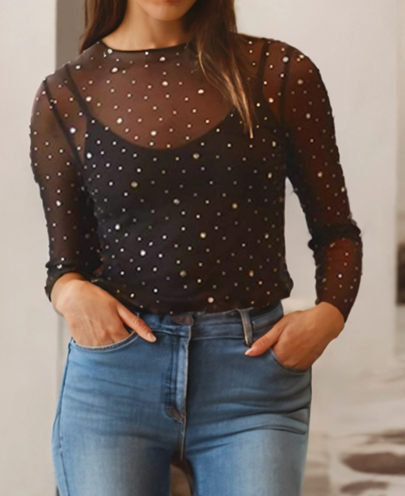 Sheer Rhinestone Long Sleeve Top