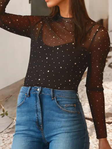 Sheer Rhinestone Long Sleeve Top