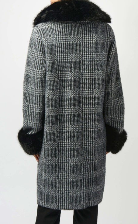 Plaid Jacquard Faux Fur Trim Coat