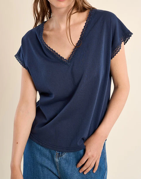 Navy V Neck Lace Detail Tee