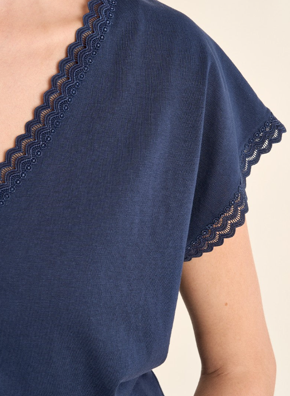 Navy V Neck Lace Detail Tee