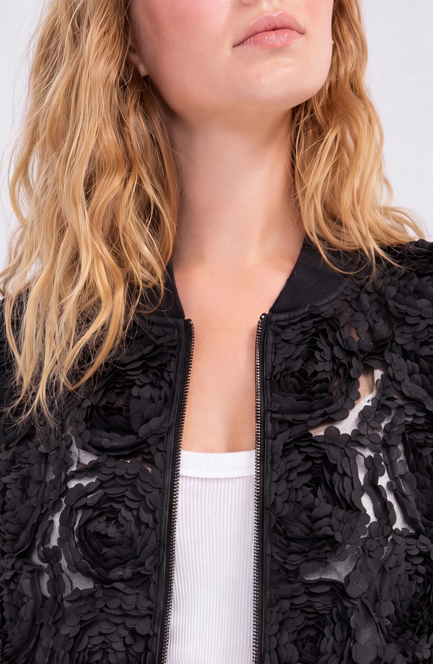 Sheer Rose Woven Bomber Jacket