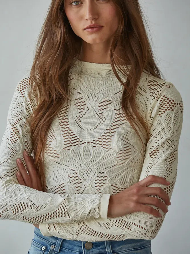 Sheer Jacquard Mock Neck Top