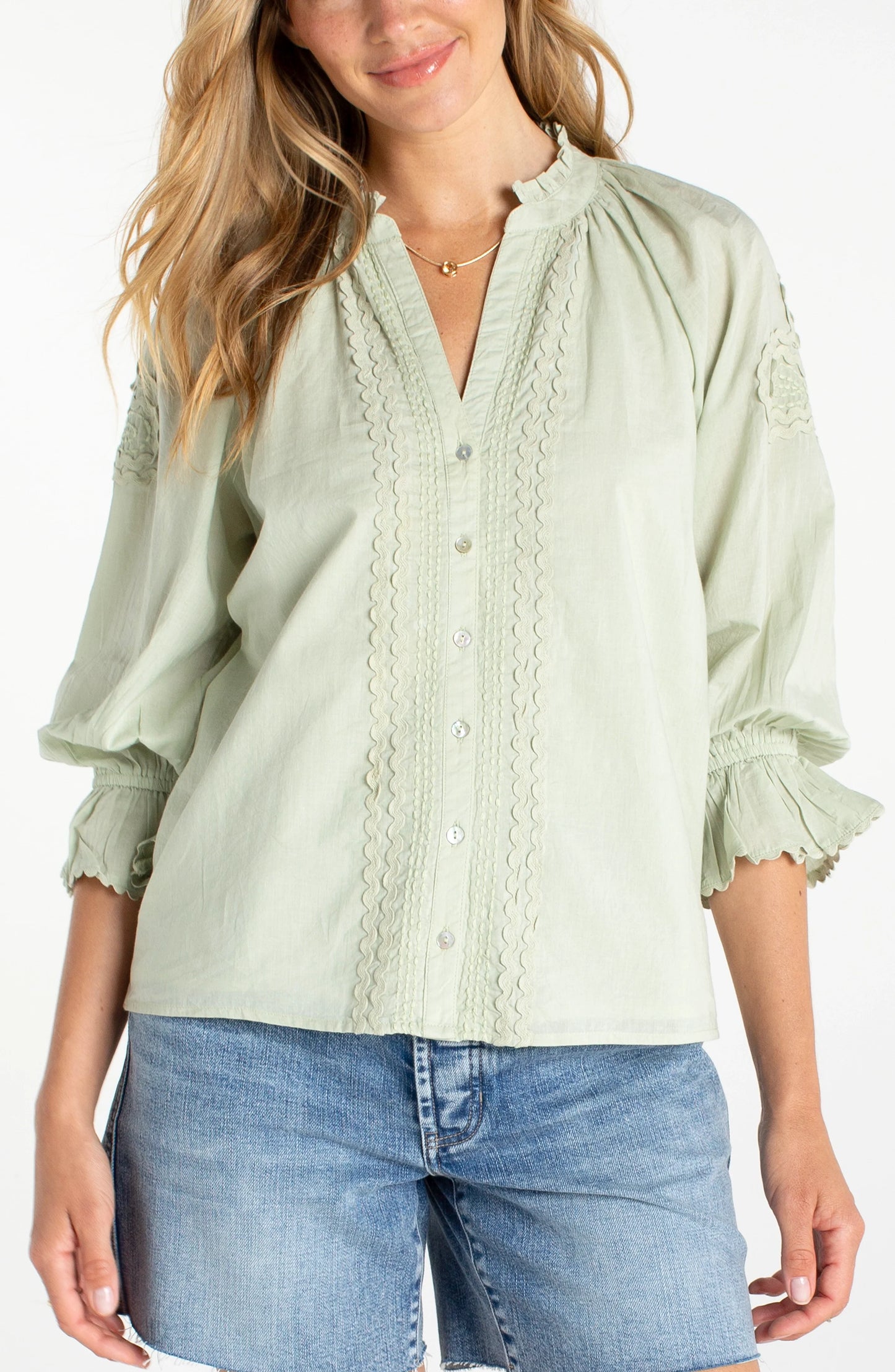 3/4 Sleeve Matcha Button Front Top