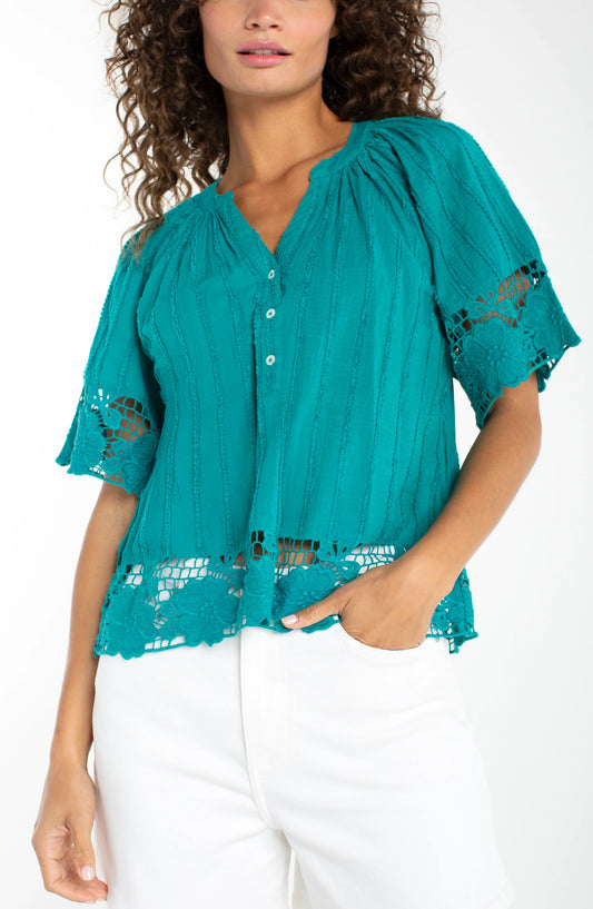 Teal Woven Top with Lace