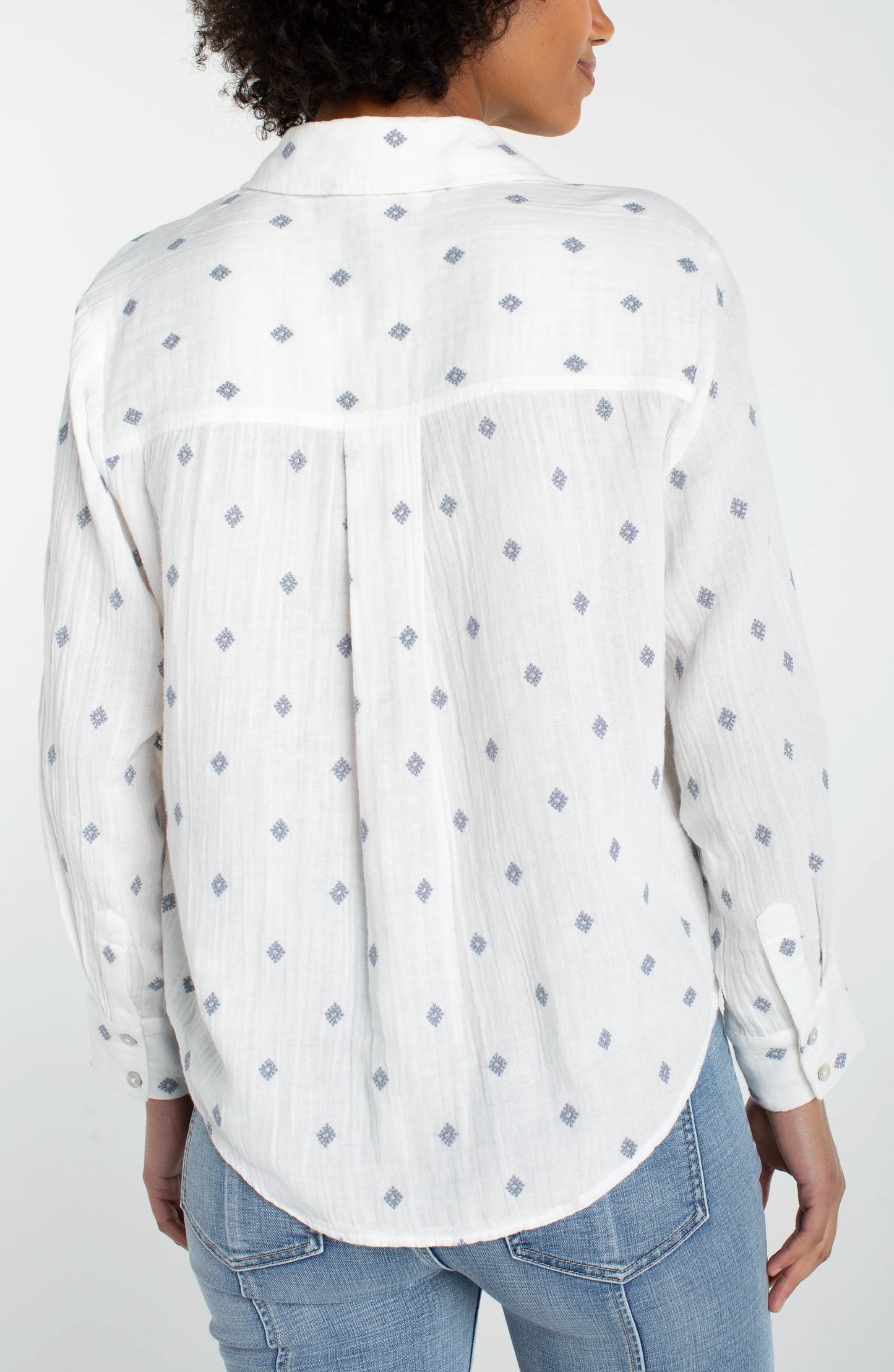 Embroidered Print White Button Front Shirt