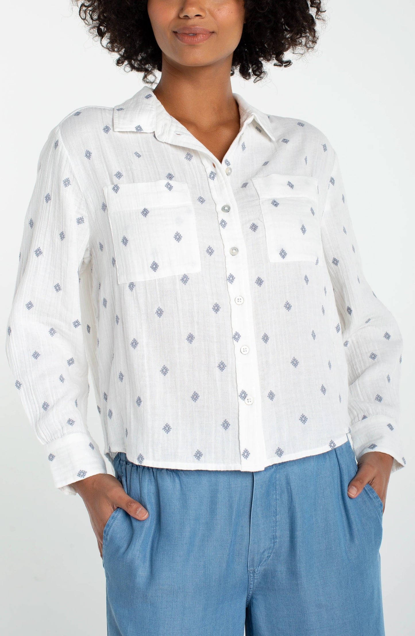Embroidered Print White Button Front Shirt