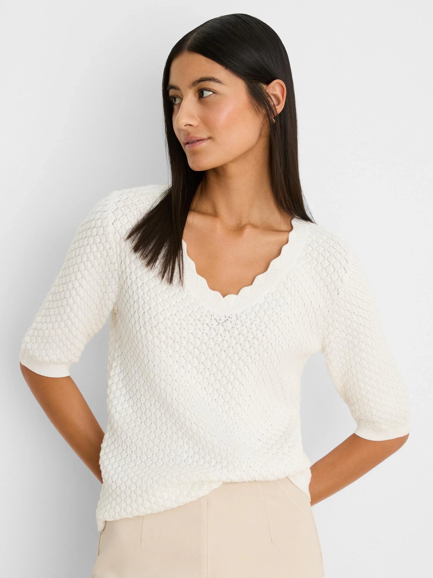 Scallop Textured White Sweater