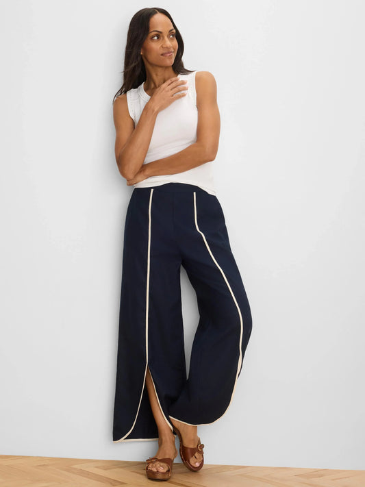 Piped Linen Wide Leg Pants