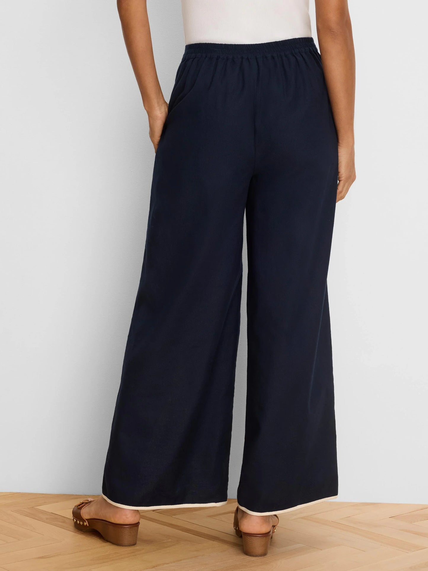 Piped Linen Wide Leg Pants
