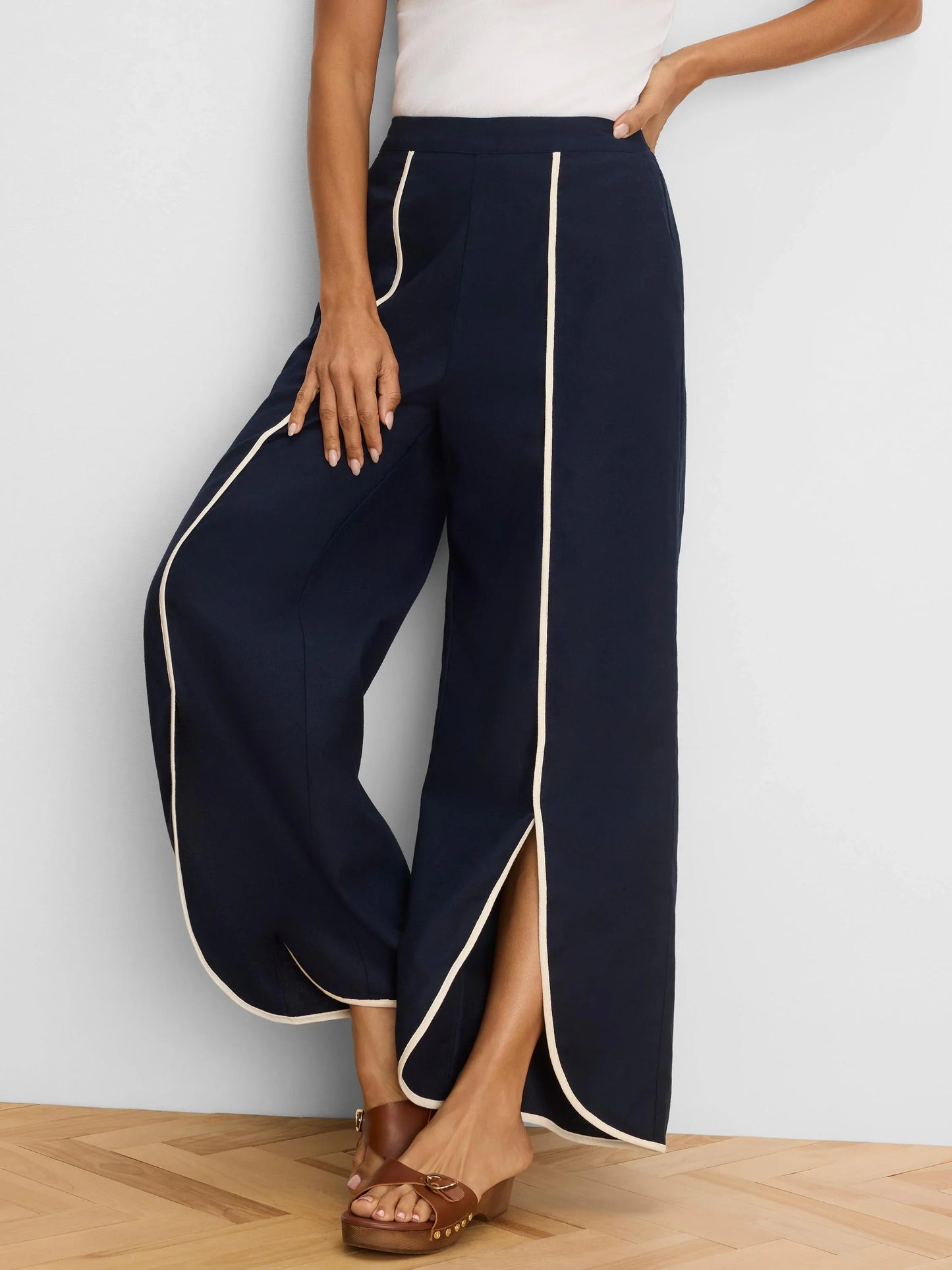 Piped Linen Wide Leg Pants