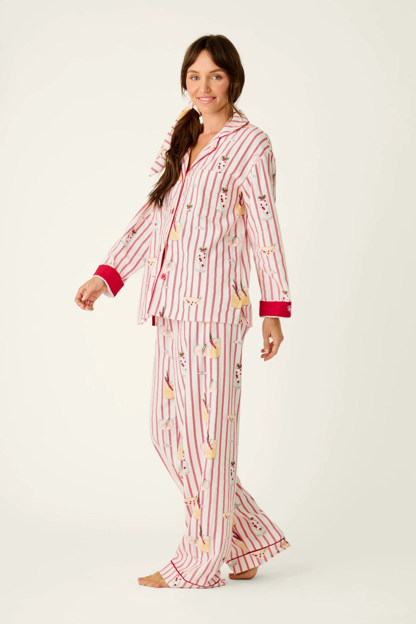 Martinis & Mistletoe Cocktail Print Flannel 3-Piece PJ Set