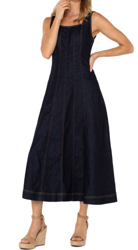 Denim Midi Dress with Smocked Back