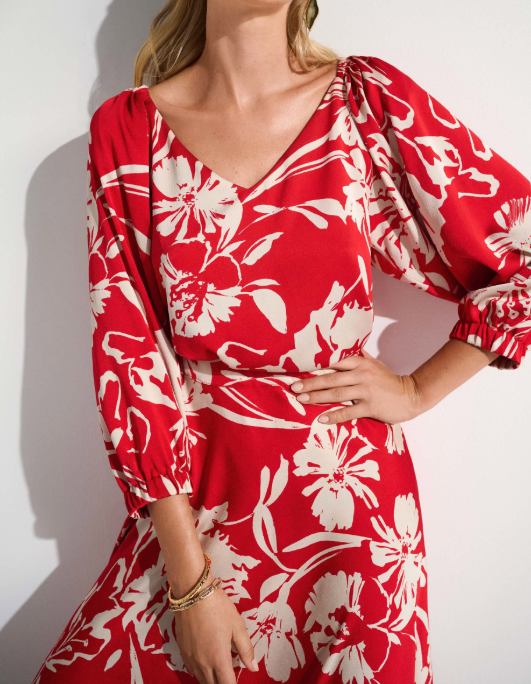 Red Floral V Neck Blouse
