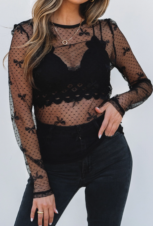 Sheer Bow Long Sleeve Top