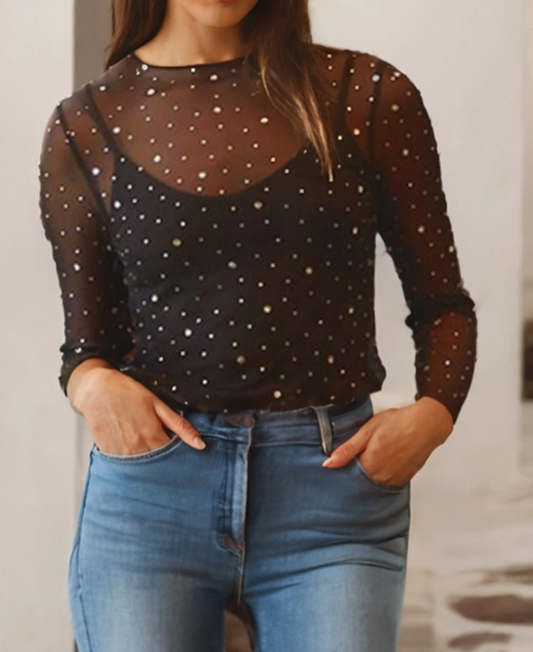 Sheer Rhinestone Long Sleeve Top