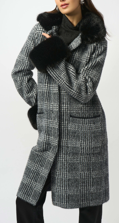Plaid Jacquard Faux Fur Trim Coat