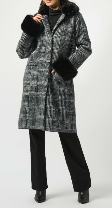 Plaid Jacquard Faux Fur Trim Coat