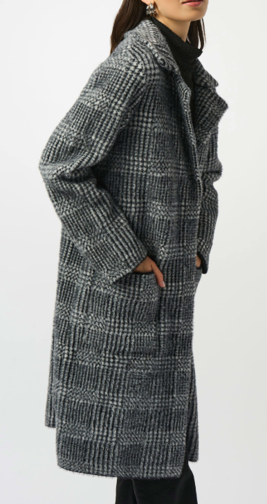 Plaid Jacquard Faux Fur Trim Coat