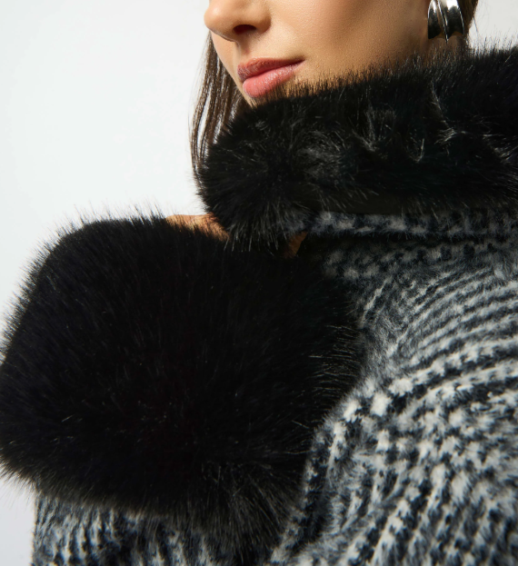 Plaid Jacquard Faux Fur Trim Coat