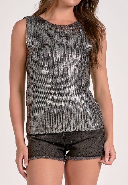 Silver Sleeveless Crew Neck Top