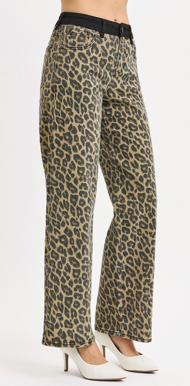 Leopard High Rise Wide Leg Jeans