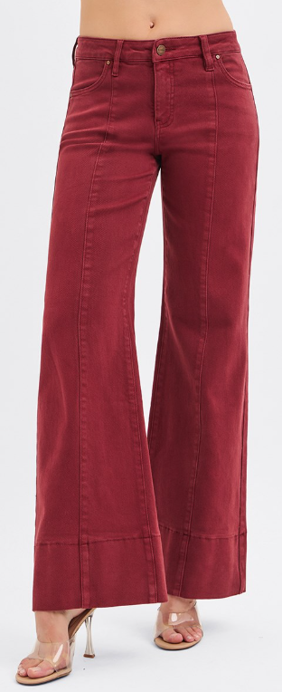 Mid Rise Wide Leg Jeans - Wine