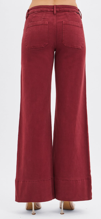 Mid Rise Wide Leg Jeans - Wine