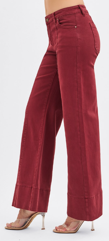 Mid Rise Wide Leg Jeans - Wine