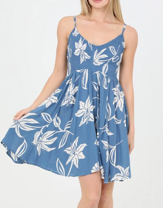 Blue Floral Smocked Dress