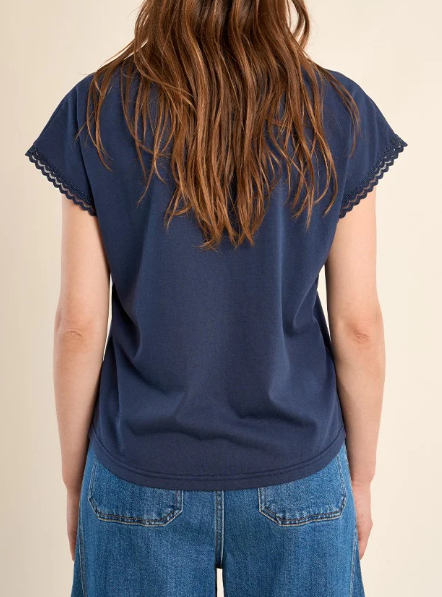 Navy V Neck Lace Detail Tee