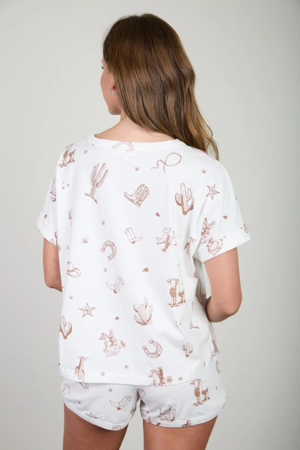 Western Print Cuff Sleeve Tee