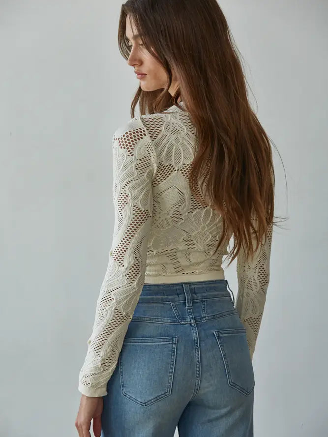 Sheer Jacquard Mock Neck Top