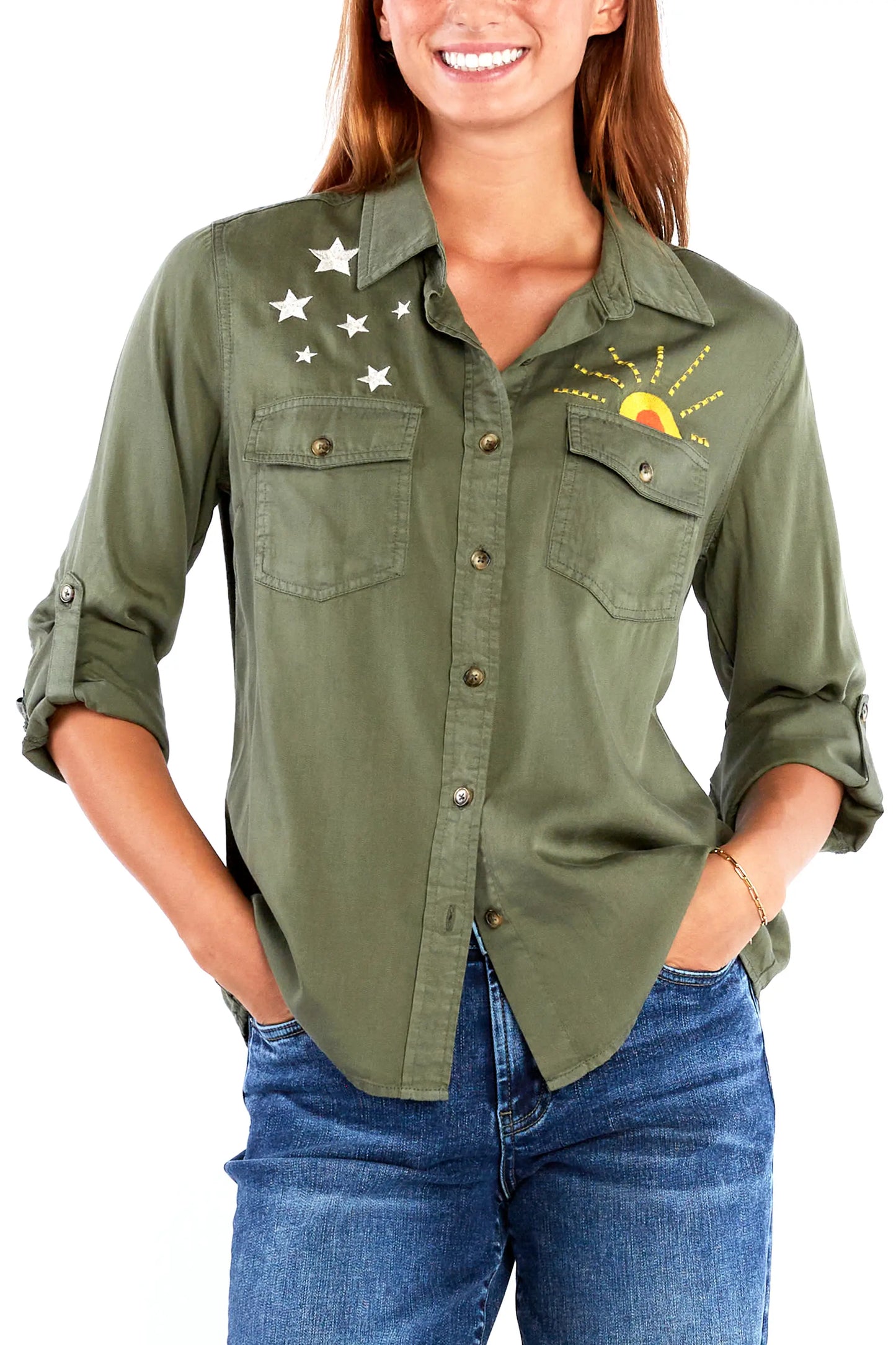 Hello Sunshine Olive Button Up Top