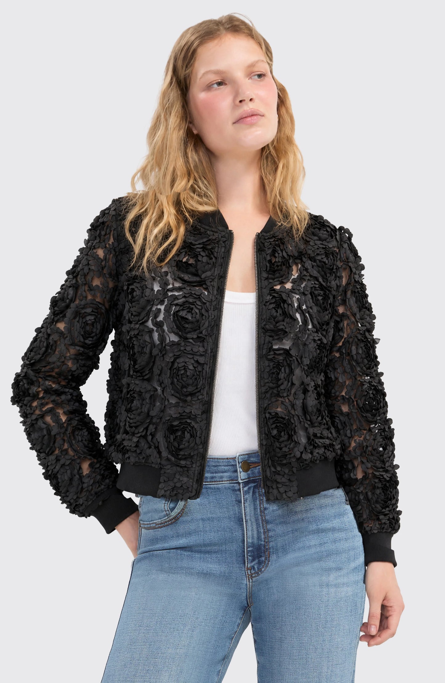 Sheer Rose Woven Bomber Jacket