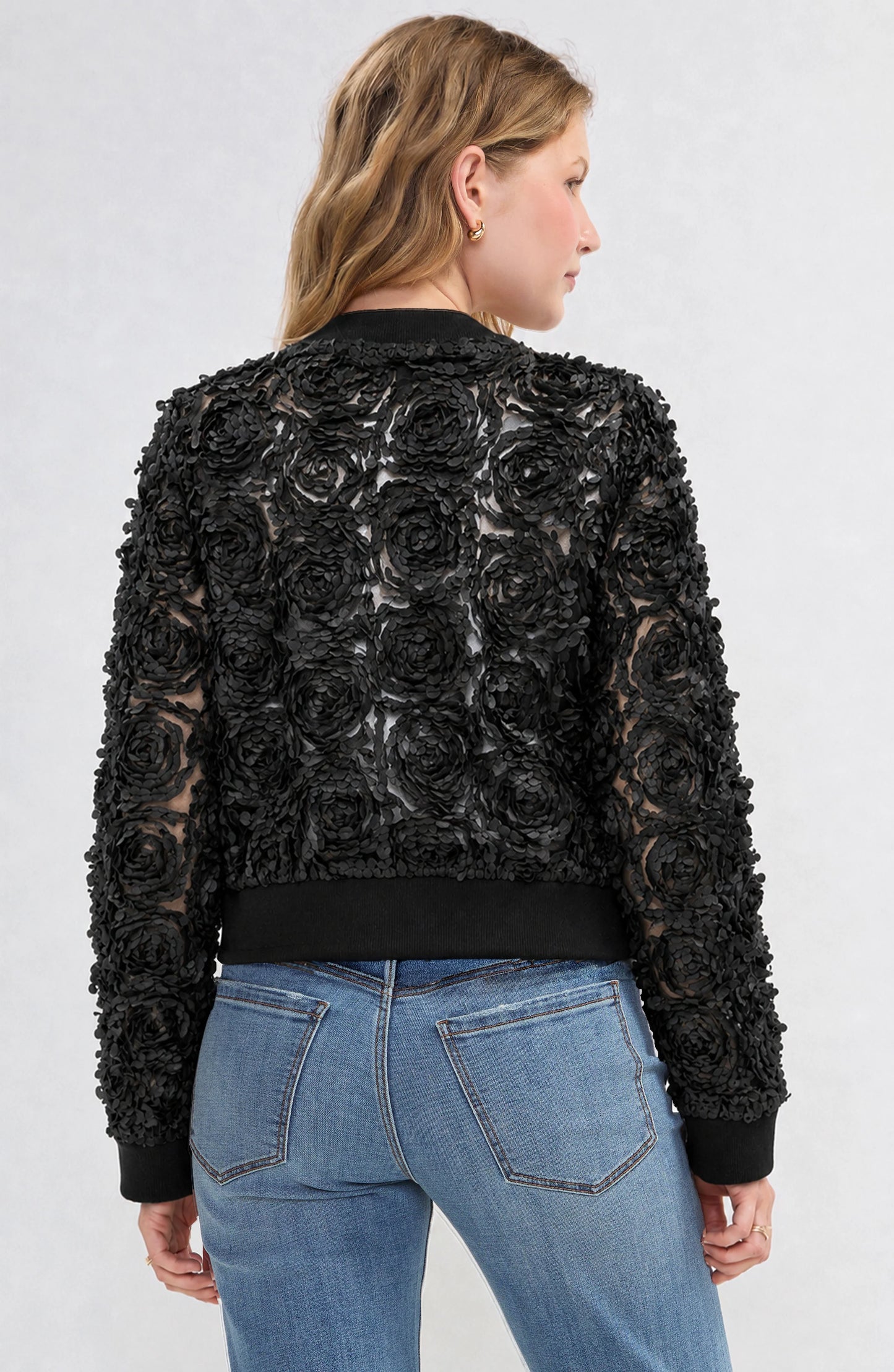 Sheer Rose Woven Bomber Jacket